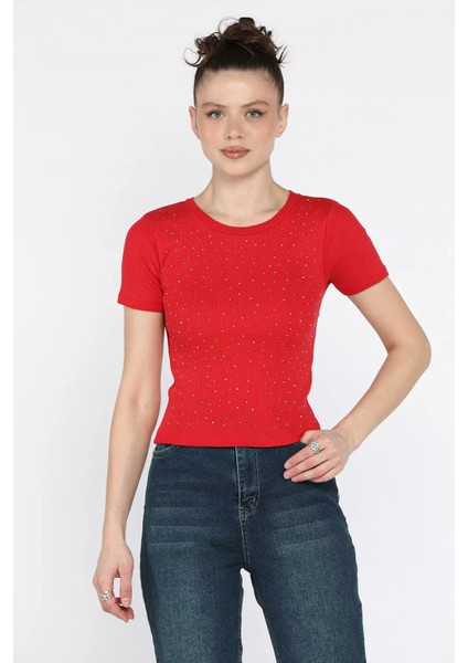 Kadın Bisiklet Yaka Taşlı Kaşkorse Bluz P-00016076