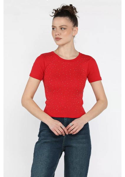 Kadın Bisiklet Yaka Taşlı Kaşkorse Bluz P-00016076