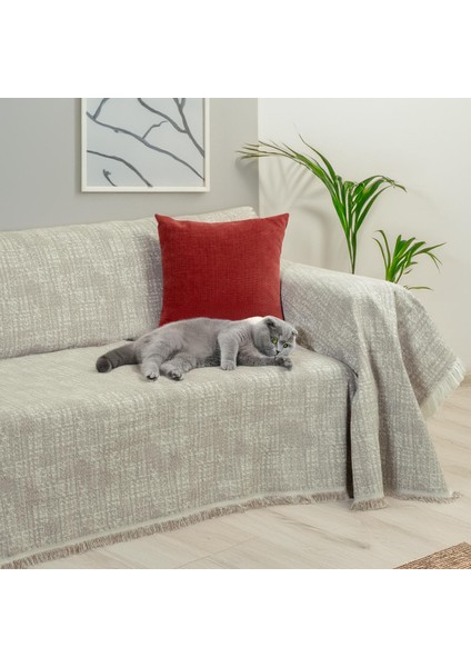 Purecot Premium Pamuklu Püsküllü Koltuk Örtüsü 180 x 220 cm Çift Taraflı Terletmez Kaymaz , Açık Kahve