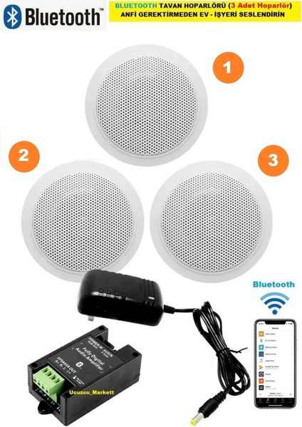 Tavan Hoparlör Seti Bluetooth Özellikli (3 Tavan Hoparlör) Anfi Kullanmadan Ev-Işyerini Seslendirin
