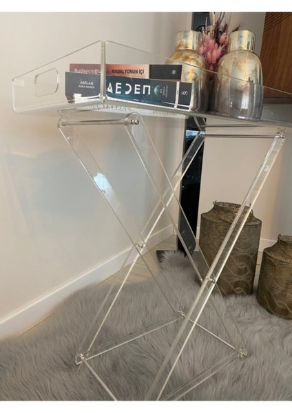 Pleksi x Ayak Tepsili Yan Sehpa Gold ve Gümüş Ayak Seçilebilir