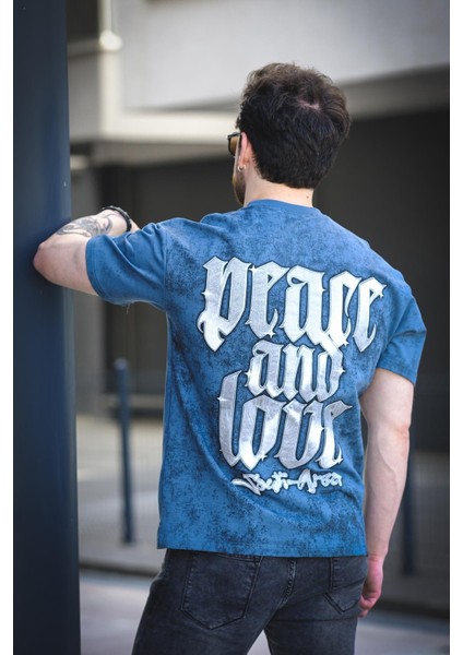 Peace And Love Yıkamalı Sırt ve Ön Baskılı Pamuklu Comfort Erkek Tshirt