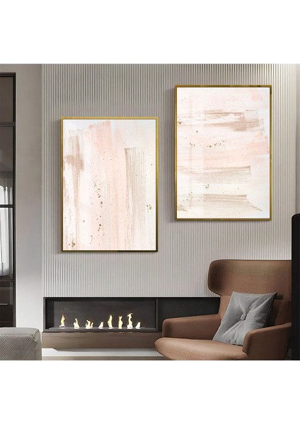 Pembe-Sarı Desenli Soyut Kombini 03|Çerçeveli Cam Tablo 2'li Dikey