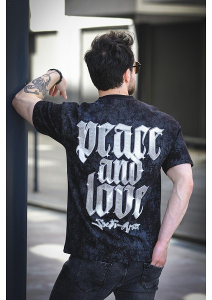 Peace And Love Yıkamalı Sırt ve Ön Baskılı Pamuklu Comfort Erkek Tshirt