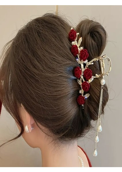 Şık Kırmızı Gül Tassel Saç Tokası