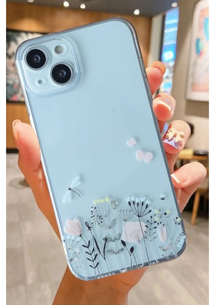 Apple iPhone 14 Plus-Apple iPhone 15 Plus Uyumlu Desenli Şeffaf Silikon Kılıf FLOWER11