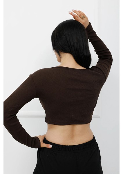 Düğmeli Mini Crop Bady Kahve - P-020494