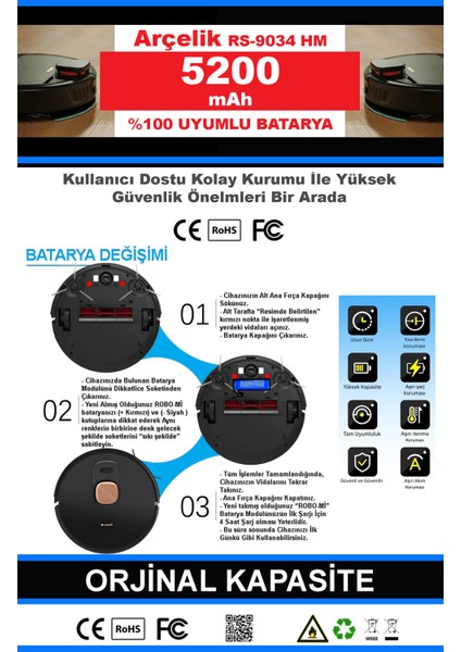 Arçelik Rs 9034 Hm 5200mAh Robot Süpürge Bataryası - Gerçek Kapasite, Maksimum Güvenlik