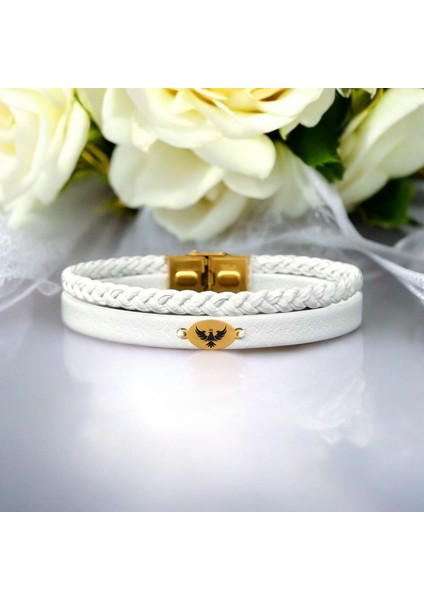 14 Ayar Plakalı Altın Derili Oval Motifli Kadınlara Özel Sembol Bilekliği-380SEMBOL-Beyaz