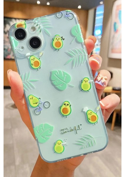 Apple iPhone 14 Plus-Apple iPhone 15 Plus Uyumlu Desenli Şeffaf Silikon Kılıf Avakado1