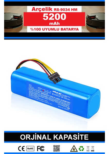 Arçelik Rs 9034 Hm 5200mAh Robot Süpürge Bataryası - Gerçek Kapasite, Maksimum Güvenlik