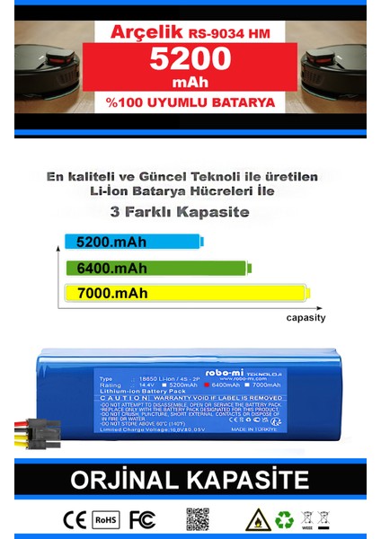 Arçelik Rs 9034 Hm 5200mAh Robot Süpürge Bataryası - Gerçek Kapasite, Maksimum Güvenlik fiyatları