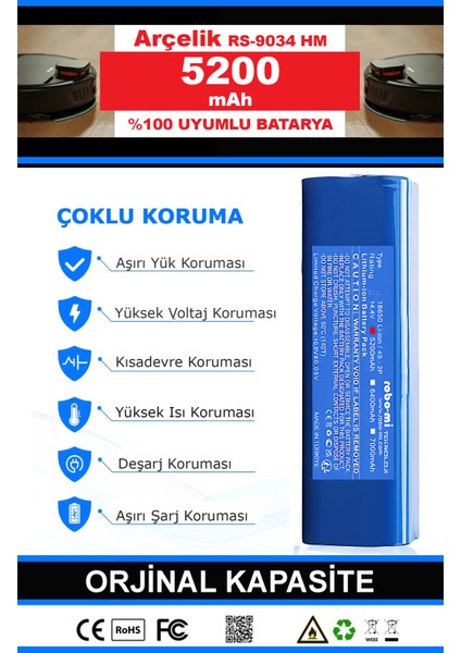Arçelik Rs 9034 Hm 5200mAh Robot Süpürge Bataryası - Gerçek Kapasite, Maksimum Güvenlik indirimleri
