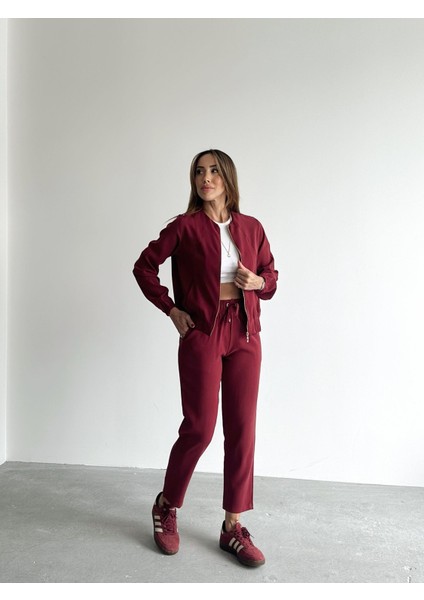 4s Kadın Üstü Fermuarlı Montlu Çok Ince Kumaştan Pantolonlu Takım