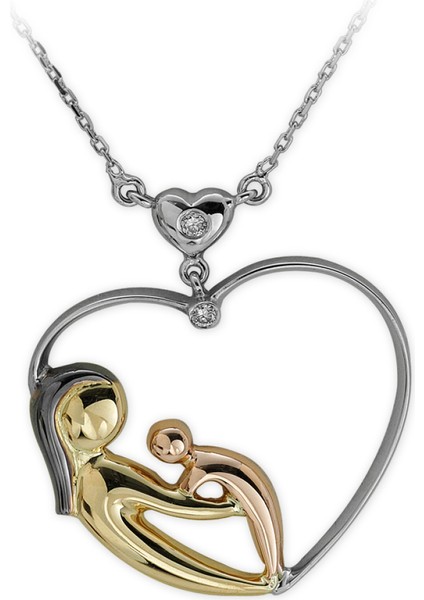 Pırlantalı Kolye Anne ve Bebek Kalbi