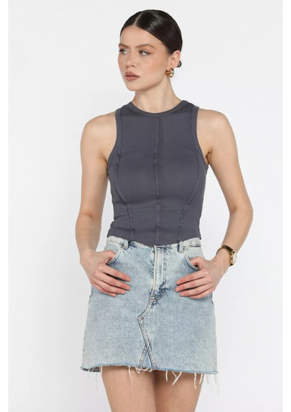 Kadın Bisiklet Yaka Parçalı Likralı Bluz P-00016047