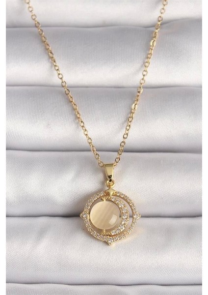 316L Çelik Gold Renk Zirkon Taşlı Sarı Sedefli Hilal Model Kadın Kolye