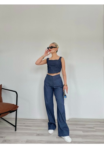 Kadın Denim Kare Yaka Bluz Mavi fiyatları