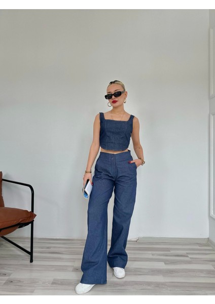 Kadın Denim Kare Yaka Bluz Mavi modelleri