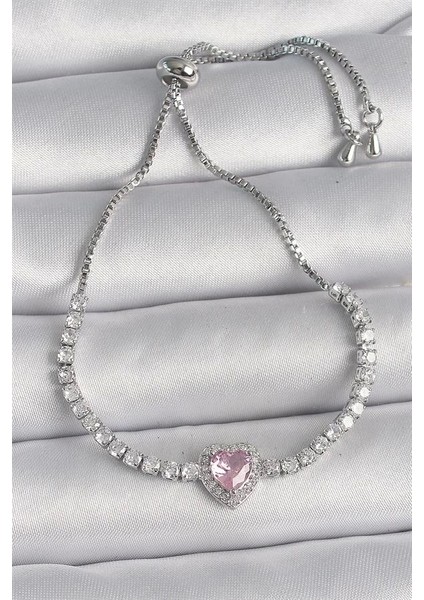 Pirinç Gold Renk Su Yolu Zirkon Taşlı Pembe Zirkon Taşlı Kalp Asansör Model Charm Kadın Bileklik