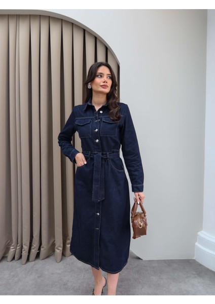 Beli Kuşaklı Cep Detaylı Denim Elbise fırsatları