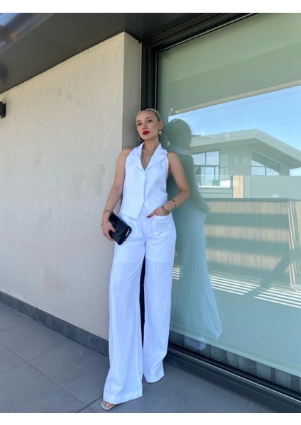 Kadın Keten Yelek Pantolon Takım Beyaz