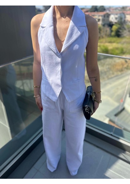 Kadın Keten Yelek Pantolon Takım Beyaz modelleri