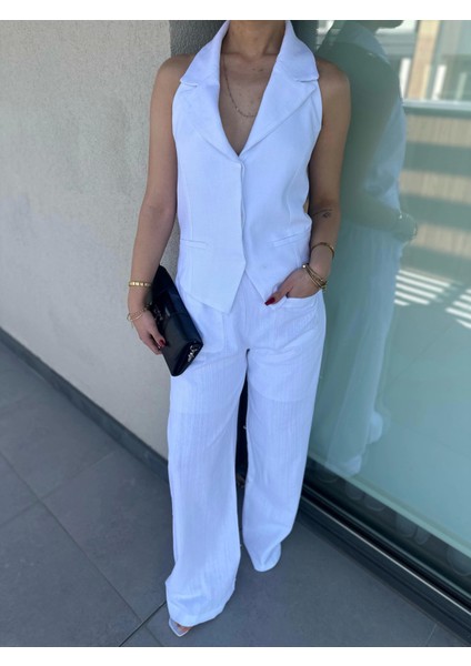 Kadın Keten Yelek Pantolon Takım Beyaz fırsatları