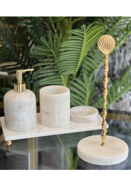 Asude- Gold Top Detaylı Beyaz Mermer Banyo Seti- 5 Parça