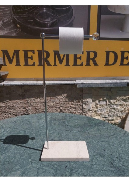 Mermer Wc Peçetelik Askısı - Bej Mermer - Gümüş