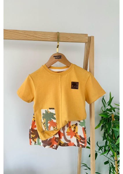 Palmiye Panç Işlemeli Erkek Çocuk Pamuklu yazlık takım - Sarı
