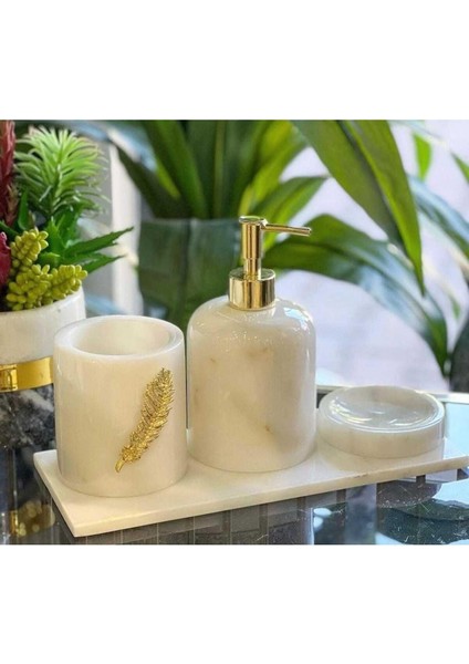 Beyaz Mermer Banyo Seti-4 Parça-Gold Yaprak Detaylı