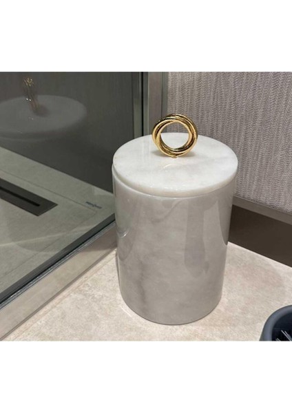 Beyaz Mermer Çöp Kovası- Gold Aksesuarlı