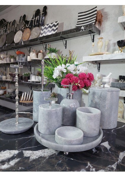 Space Grey - Doğal Gri Mermer Banyo Seti | 9lu | Mermer Vazo | Mermer Havluluk | Silver |