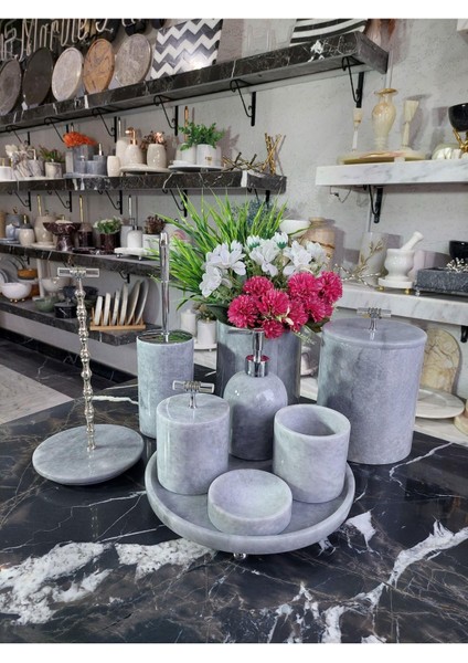 Space Grey - Doğal Gri Mermer Banyo Seti | 9lu | Mermer Vazo | Mermer Havluluk | Silver | modelleri