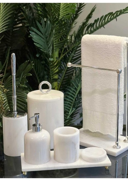 Asya- Gümüş Halka Detaylı Beyaz Mermer Banyo Seti- 7 Parça