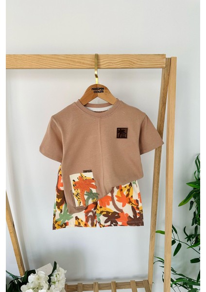 Palmiye Panç Işlemeli Erkek Çocuk Pamuklu yazlık takım - Kahve