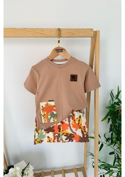 Palmiye Panç Işlemeli Erkek Çocuk Pamuklu yazlık takım - Kahve fiyatları