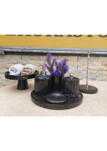 Sapphire Black- Doğal Siyah Mermer Banyo Seti- 7 Parça- Gümüş - Kağıt Havluluk