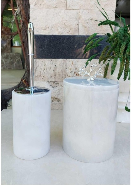 Crystal White - Doğal Beyaz Mermer Wc Fırçası ve Mermer Çöp Kovası- Gümüş