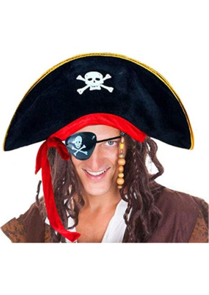Yetişkin Boy Kadife Kaptan Jack Sparrow Korsan Şapkası ve Plastik Korsan Göz Maskesi