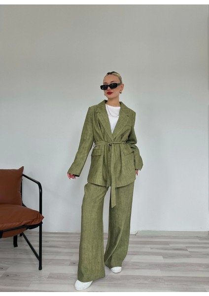 Kadın Keten Ceket Pantolon Takım Haki