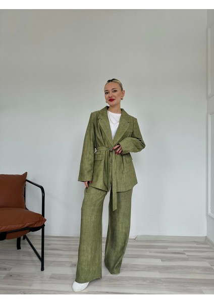 Kadın Keten Ceket Pantolon Takım Haki modelleri