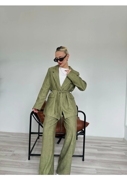 Kadın Keten Ceket Pantolon Takım Haki indirimleri