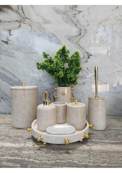 Bej Mermer Set Gold Top Detaylı- 8 Parça