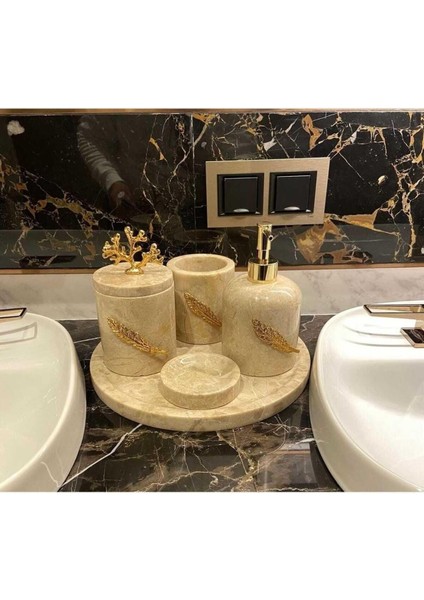 Perla- Doğal Bej Mermer Banyo Seti- 5 Parça- Gold Yaprak Detaylı