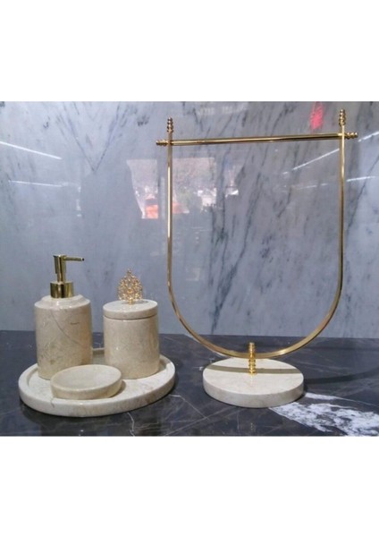Bej Mermer Banyo Seti 4lü ve Bej Mermer Gold Detaylı Havluluk