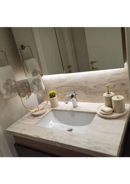 Bej Mermer Banyo Seti 4lü ve Bej Mermer Gold Detaylı Havluluk fiyatları