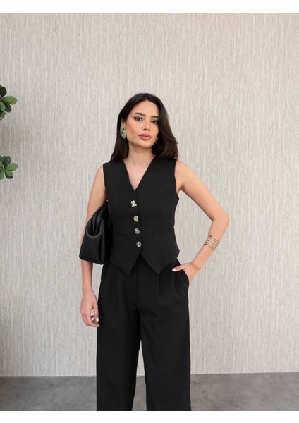 Gold Düğmeli Yelek Pantolon Takım