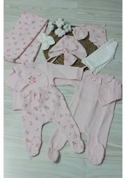 Barbosa Caramell Kız Bebek Müslin Vişne Desen 10'lu Hastane Çıkışı Zıbın Seti New Season (Yazlık)